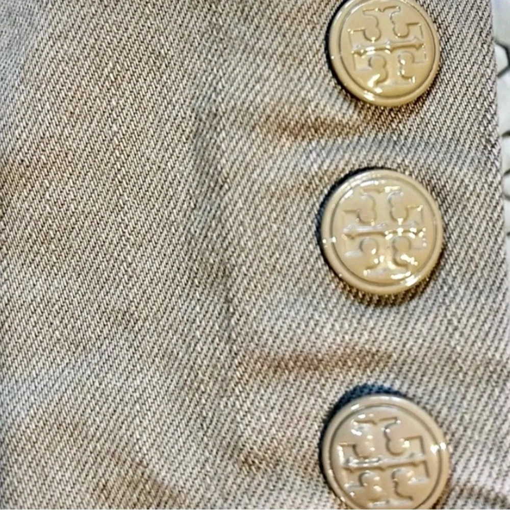 Tory Burch Emmy Beige Slim Ankle Pants Gold Snap Detail Stretch Sz 26💛